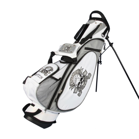 Saco de golf com tripé em branco/prata. 7,5" stand bag com 4 áreas personalizadas